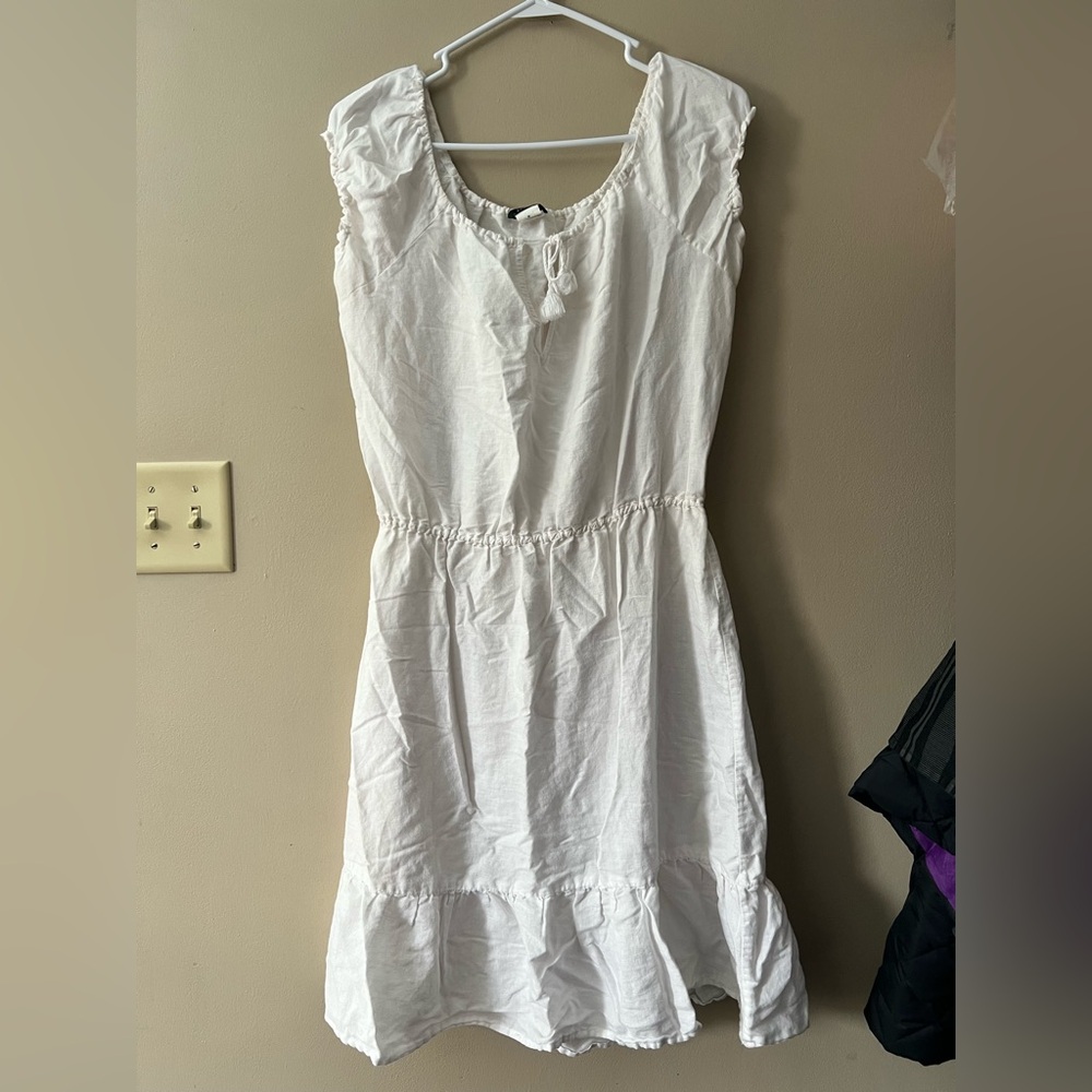 j Crew sz M white linen blend peasant style dress with tie neck and elastic neck